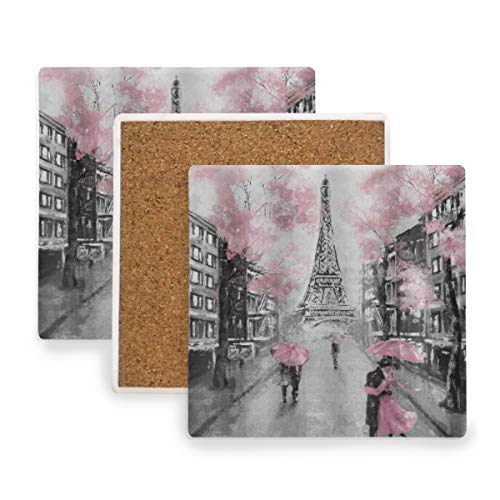 PANILUR Pintura Al Óleo París Ciudad Europea Paisaje Francia Torre Eiffel Pareja Moderna Negro，Posavasos de cerámica,Base de cojín para Taza de café