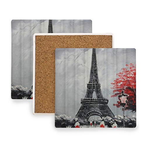 PANILUR Pintura Al óleo París Ciudad Europea Paisaje Francia Torre Eiffel，Posavasos de cerámica,Base de cojín para Taza de café