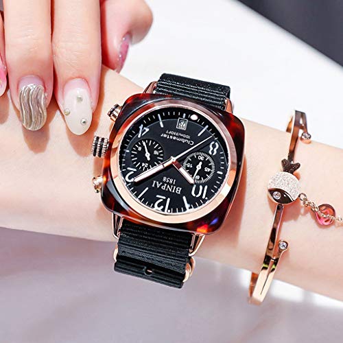 Pan&Pan Reloj de Mujer Industrial, Caja de Tono Verde, Esfera Hueca de Engranajes, Relojes de Mujer con Correa de Lona, ​​Reloj analógico Impermeable para niña (Color : Negro)