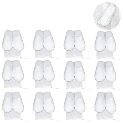 Pantuflas Spa Lavable (12 Pares) con Bolsa con Cordel - Blanco Esponjoso Cerrada Dos Tallas (S, L) Hombre y Mujer Suela Antideslizante Uso Perfectas en Baño, Invitados, Viaje, Hogar, Boda