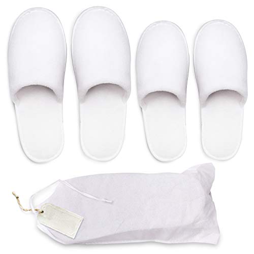 Pantuflas Spa Lavable (12 Pares) con Bolsa con Cordel - Blanco Esponjoso Cerrada Dos Tallas (S, L) Hombre y Mujer Suela Antideslizante Uso Perfectas en Baño, Invitados, Viaje, Hogar, Boda