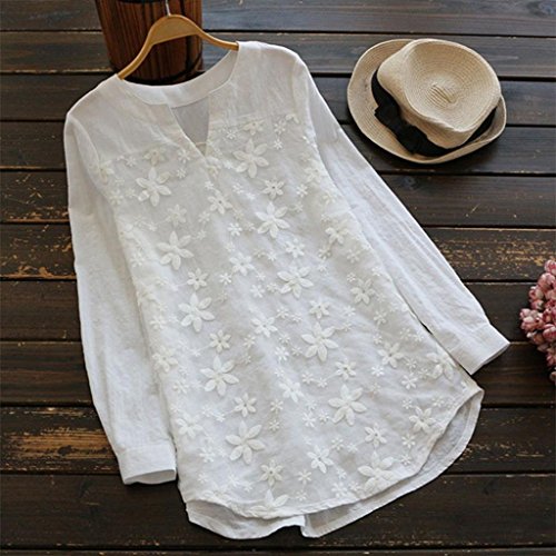 PAOLIAN Blusa Lino de Mujer Manga Largas Otoño 2018 Blusa Moda Señora Escote V Asimetricas Camisetas Costura Floral Ropa para Mujer Fiesta Camisa Blancas Ancho Tallas Grandes