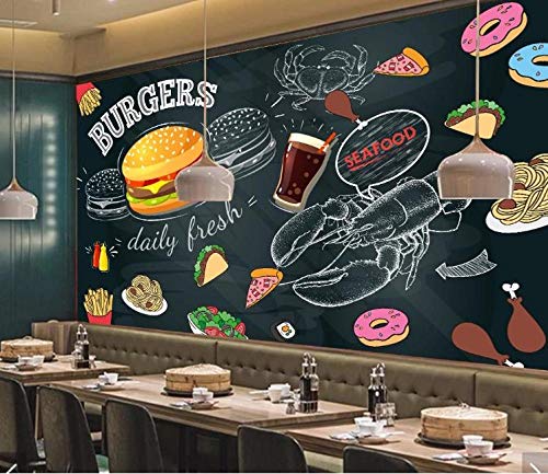 Papel tapiz Pintado a mano negro hamburguesa pizza restaurante de imagen restaurante de comida rápida carrito de helados tienda de postres cafetería cartel mural-250cmx175cm（LxA）