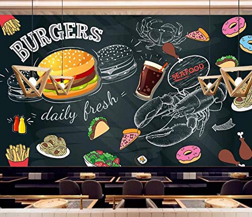 Papel tapiz Pintado a mano negro hamburguesa pizza restaurante de imagen restaurante de comida rápida carrito de helados tienda de postres cafetería cartel mural-250cmx175cm（LxA）