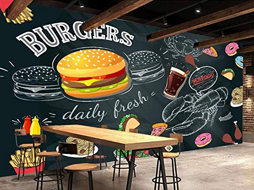 Papel tapiz Pintado a mano negro hamburguesa pizza restaurante de imagen restaurante de comida rápida carrito de helados tienda de postres cafetería cartel mural-250cmx175cm（LxA）