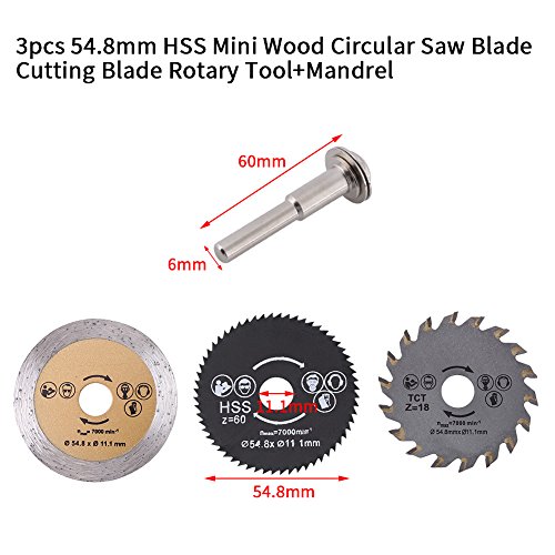 Paquete de 3 piezas 54.8 mm HSS Mini hoja de sierra circular hoja de corte herramienta rotativa Disco de corte para cortar madera y mandril