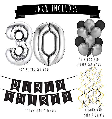 Paquete para Fiesta de Cumpleaños Número 30 “Dirty Thirty” (Pícaros Treinta) - Paquete con Banderín de Feliz Cumpleaños Negro y Plateado, Globos y Serpentinas - Decoración para Cumpleaños – Trigésimo