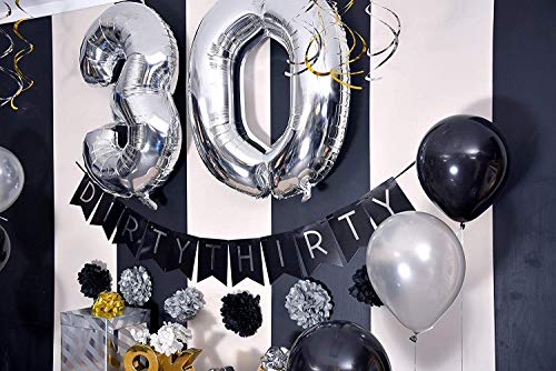 Paquete para Fiesta de Cumpleaños Número 30 “Dirty Thirty” (Pícaros Treinta) - Paquete con Banderín de Feliz Cumpleaños Negro y Plateado, Globos y Serpentinas - Decoración para Cumpleaños – Trigésimo