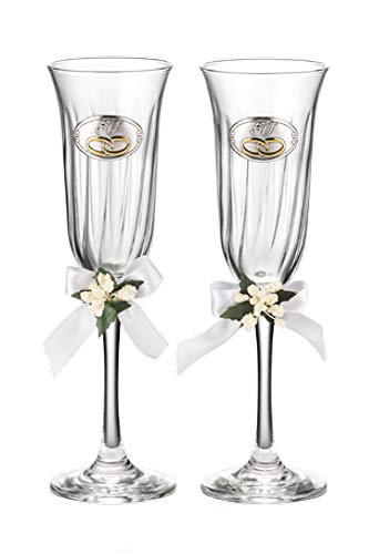 Par de copas de flauta de boda de oro de cristal con logotipo de 50 años de boda regalo 16508