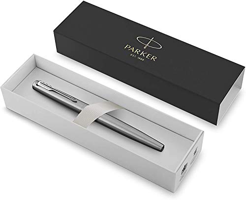 Parker Jotter - Pluma estilográfica, cuerpo de acero inoxidable con adorno cromado, plumín mediano y tinta azul, en estuche de regalo