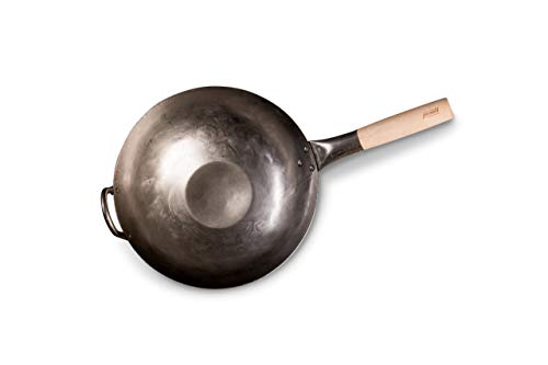 pasoli Wok con Base Plana para la Cocina (también de inducción) | 30 cm de diámetro | Tradicional de Acero al Carbono Martillado a Mano | Wok Base Plana | Mango de Madera | Capa Antiadherente Natural