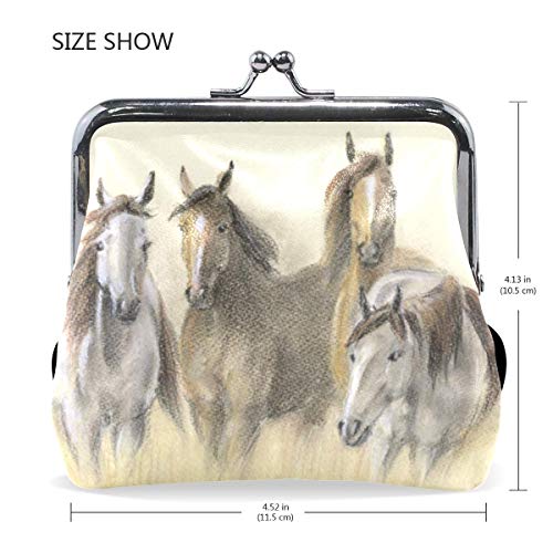 Pastel-Drawing-of-Herd-Horses Mini Monedero de Cuero con Cierre a presión para Mujeres y niñas