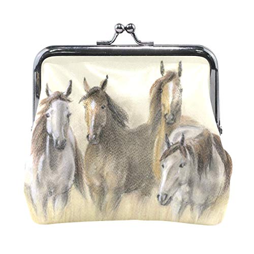 Pastel-Drawing-of-Herd-Horses Mini Monedero de Cuero con Cierre a presión para Mujeres y niñas
