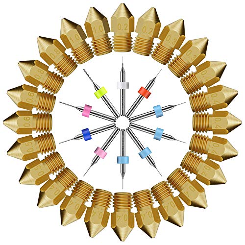 PChero 24 Pieza MK8 Boquillas de Impresora 3D 0.2mm, 0.3mm, 0.4mm, 0.5mm, 0.6mm, 0.8mm, 1.0mm y 10pieza Agujas de Limpieza, con Pinzas, Caja para Impresoras 3D MK8 Makerbot Reprap Creality CR-10