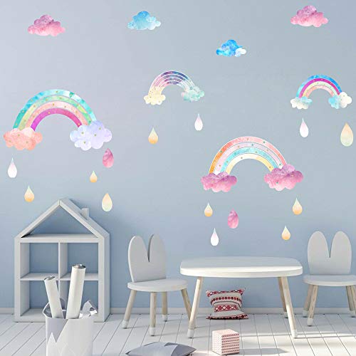 Pegatinas de pared con diseño de gotas de lluvia de arcoíris para pared, diseño de nube