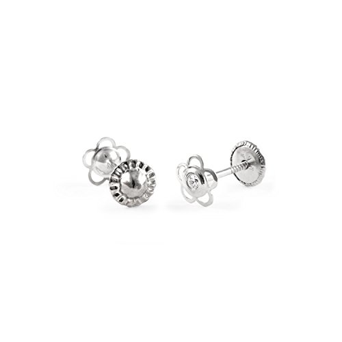 Pendientes Bebe o Niña Oro Blanco Flor 5 Petalos con Circonitas