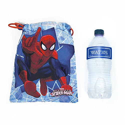 PERLETTI - Saco Lonchera Niño Marvel Spiderman - Bolsita Escolar Porta Alimientos Estampado Hombre Araña - Bolsa de Cincha Zapatos con Cordón de Viaje Escuela - Rojo y Azul - 23x20 cm