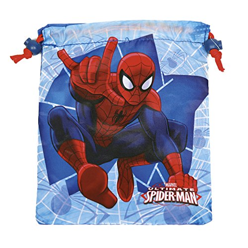 PERLETTI - Saco Lonchera Niño Marvel Spiderman - Bolsita Escolar Porta Alimientos Estampado Hombre Araña - Bolsa de Cincha Zapatos con Cordón de Viaje Escuela - Rojo y Azul - 23x20 cm