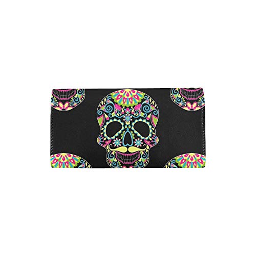 Personalizado único Zentangle Color estilizado Calavera de azúcar Halloween Mujer Tríptico Monedero Monedero Largo Titular de la Tarjeta de crédito Estuche Bolso