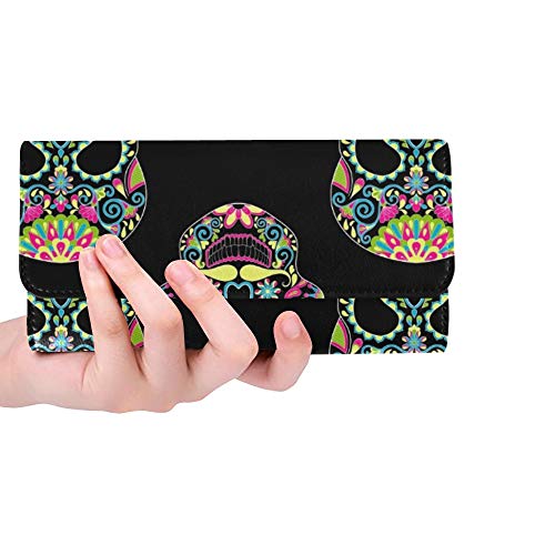 Personalizado único Zentangle Color estilizado Calavera de azúcar Halloween Mujer Tríptico Monedero Monedero Largo Titular de la Tarjeta de crédito Estuche Bolso