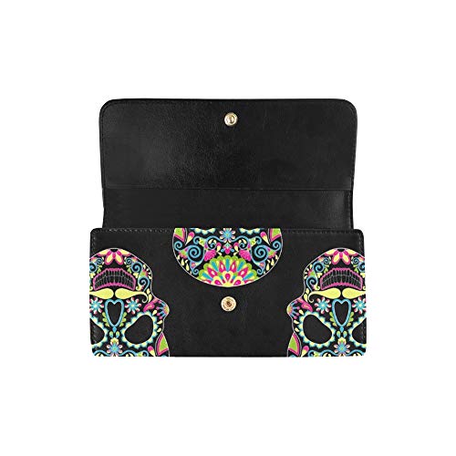 Personalizado único Zentangle Color estilizado Calavera de azúcar Halloween Mujer Tríptico Monedero Monedero Largo Titular de la Tarjeta de crédito Estuche Bolso