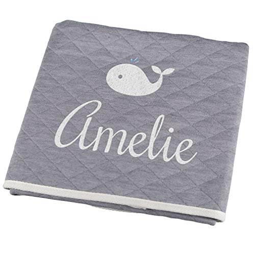 Personello® Manta bebe recien nacido gris, personalizada con nombre y fecha (ballena) | Regalos originales para bebes | nacimiento | bautismo