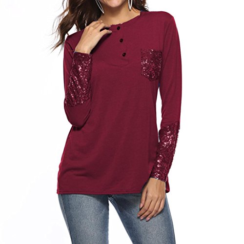 Perspectiva de la Camisa de Encaje para Mujer, Covermason Blusa de Mujer Talla Grande Camisa de Manga Larga de Encaje Botón de Perspectiva Arriba Mujer Tops(L, Vino Rojo)