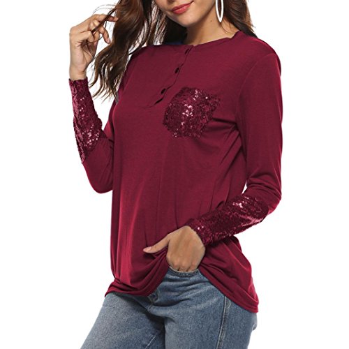 Perspectiva de la Camisa de Encaje para Mujer, Covermason Blusa de Mujer Talla Grande Camisa de Manga Larga de Encaje Botón de Perspectiva Arriba Mujer Tops(L, Vino Rojo)