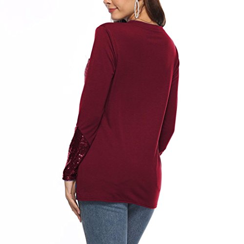 Perspectiva de la Camisa de Encaje para Mujer, Covermason Blusa de Mujer Talla Grande Camisa de Manga Larga de Encaje Botón de Perspectiva Arriba Mujer Tops(L, Vino Rojo)