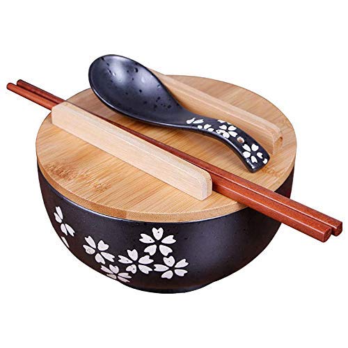 PFZM Tazón De Ramen Japonés Vintage con Tapa De Cuchara Tazón De Ramen De Cerámica Negra Tazón De Arroz Dibujado a Mano Tazón De Fideos Instantáneos 6.5 Pulgadas