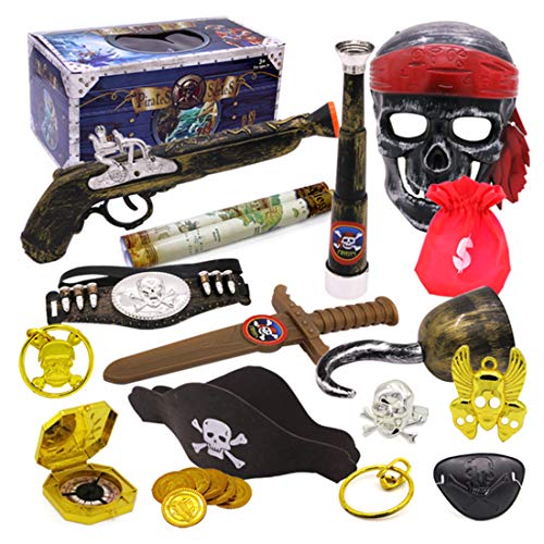 PHYNEDI Niños Pirata de Juguete con Accesorios Infantiles Juguetes Kit Pirate con Catalejo, Mapa del Tesoro, Brújula, Anillo de Calavera, Pendientes