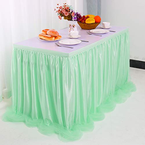 PiccoCasa Falda de mesa – Falda de mesa mullida de tul menta para mesas rectangulares de 1,8 m, para fiesta de cumpleaños, boda, decoración de mesa larga mullida de 76 x 182 cm