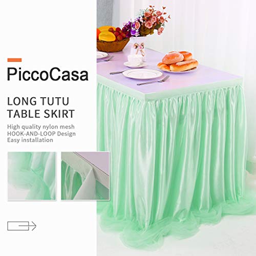 PiccoCasa Falda de mesa – Falda de mesa mullida de tul menta para mesas rectangulares de 1,8 m, para fiesta de cumpleaños, boda, decoración de mesa larga mullida de 76 x 182 cm