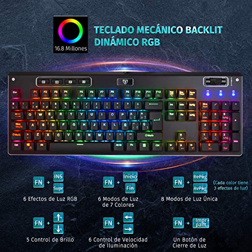 PICTEK Teclado Mecánico Gaming, [Gama Alta] Teclado Gaming Programable con Panel de Aleación de Aluminio, Interruptores Rojos Silenciosos, Llavero Translúcido para Win 7/8/10XP /Vista/Mac OS/Linux