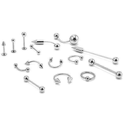 Piercings(85 Pcs),16 Tipos de Estilos Acero Inoxidable 316L, Acero médico de Titanio para el Cuerpo, Lengua, Nariz, oído, pezones, Labios, Cejas, cartílago, Multiusos Bolas y Aros, Unisex.