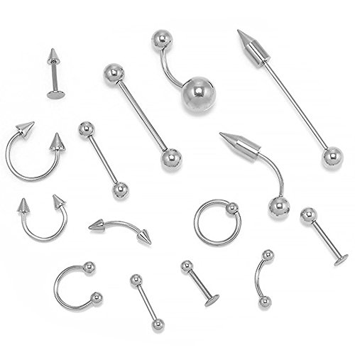 Piercings(85 Pcs),16 Tipos de Estilos Acero Inoxidable 316L, Acero médico de Titanio para el Cuerpo, Lengua, Nariz, oído, pezones, Labios, Cejas, cartílago, Multiusos Bolas y Aros, Unisex.