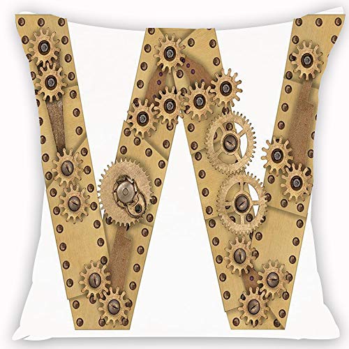 Pillow Case Cojín Cuadrado Print,Letra W, Steampunk Style Símbolo ABC automatizado Mayúscula W Estructura de Engranajes Worn LoAdecuado para Oficina, Familia, automóvil, cafetería, Tienda, 45x45cm