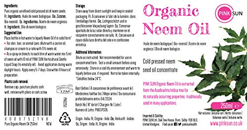 PINK SUN Aceite de Neem Puro Orgánico 250ml Virgen Prensado en Frío Sin Refinar%100 Pure Neem Oil Cold Pressed