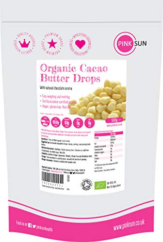 PINK SUN Manteca de Cacao Organica 500g Bio (o 1 kg) Pura Sin Refinar Alimentaria Gotas Comestible Sin Gluten Sin Azúcar Añadido Sin Lácteos Vegetariano Vegano Obleas Organic Cacao Butter Drops Perú