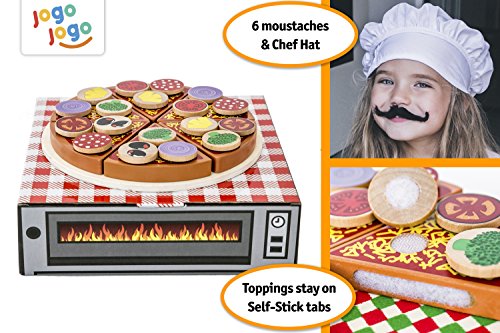 Pizzería de Juguete Para Niños con Horno, Ingredientes, Pizza y Utensilios de Servir, Caja Registradora y Dinero, Gorro de Chef y Bigotes - Juego Educativo Imaginativo Infantil de Madera de 121 piezas