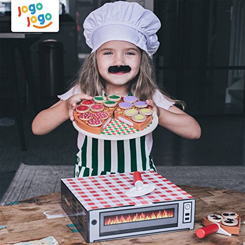 Pizzería de Juguete Para Niños con Horno, Ingredientes, Pizza y Utensilios de Servir, Caja Registradora y Dinero, Gorro de Chef y Bigotes - Juego Educativo Imaginativo Infantil de Madera de 121 piezas