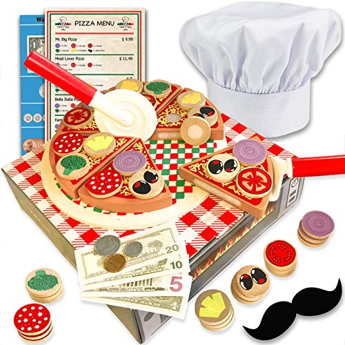 Pizzería de Juguete Para Niños con Horno, Ingredientes, Pizza y Utensilios de Servir, Caja Registradora y Dinero, Gorro de Chef y Bigotes - Juego Educativo Imaginativo Infantil de Madera de 121 piezas