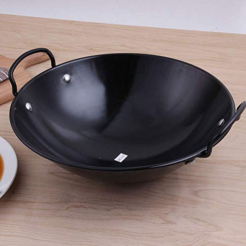 POETRY Wok de Hierro Fundido Sartén Multifuncional Wok Tradicional de Doble Mango Olla de Hierro Grande Pared Gruesa Resistente a Altas temperaturas Esmalte Multifuncional Wok 46cm