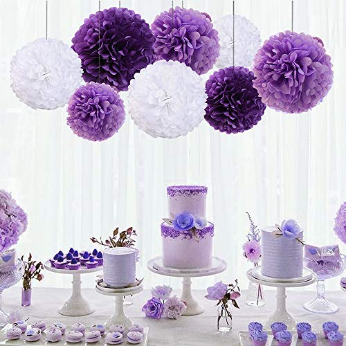 Pompon de Papel de Seda, Papel Pom Poms Flores Tissue para fiestas de cumpleanos, bodas, baby shower, shower de novia o decoracion de festivales, 24 Piezas (Púrpura, Púrpura Clara y Blanco)