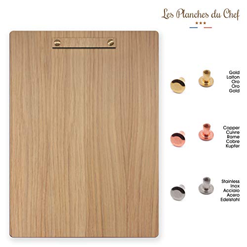 Portamenús con tornillo + barra de madera – Tabla para tarjetas A4 – Madera auténtica – Fabricación francesa – Restaurante & Hotel ..., Chêne foncé - vis inox