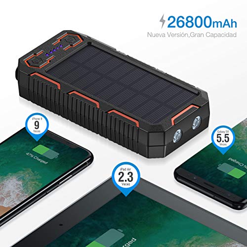 POWERADD 26800mAh Cargador Solar Portátil, Batería Externa, Salida 5V/3.2A*2 Panel Solar con Alta Eficiencia de Conversión Impermeable Inteligente Color Naranja y Negro.