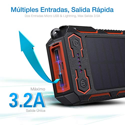 POWERADD 26800mAh Cargador Solar Portátil, Batería Externa, Salida 5V/3.2A*2 Panel Solar con Alta Eficiencia de Conversión Impermeable Inteligente Color Naranja y Negro.