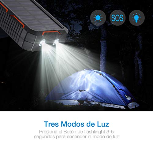 POWERADD 26800mAh Cargador Solar Portátil, Batería Externa, Salida 5V/3.2A*2 Panel Solar con Alta Eficiencia de Conversión Impermeable Inteligente Color Naranja y Negro.