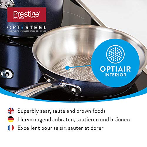 Prestige Optisteel sartén Profesional, sartén de Alto Rendimiento con Elegante Exterior Metalizado, de Acero Inoxidable Apta para Todo Tipo de cocinas y para inducción, 24 cm, Azul