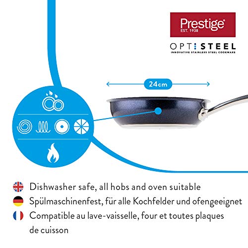 Prestige Optisteel sartén Profesional, sartén de Alto Rendimiento con Elegante Exterior Metalizado, de Acero Inoxidable Apta para Todo Tipo de cocinas y para inducción, 24 cm, Azul